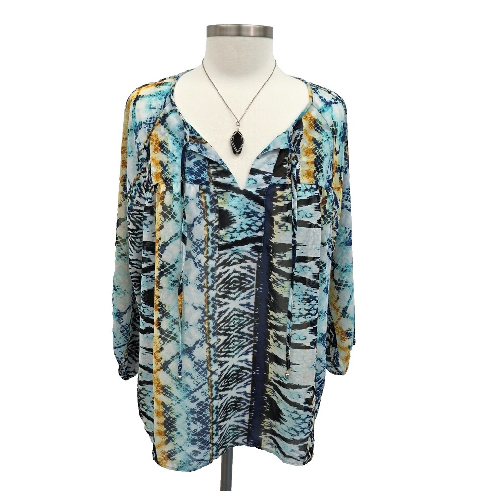 Womens L Blue Multicolor Sheer Boho Blouse V-Neck Lightweight Festival Top
